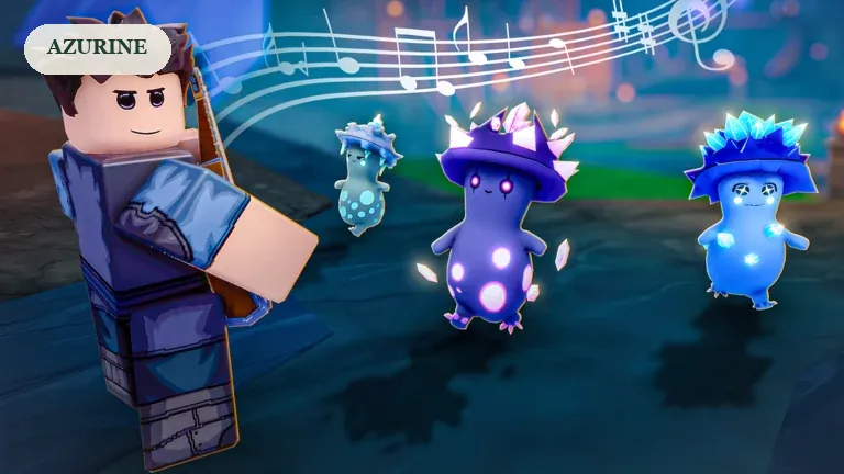 SCROOMS promotional artwork of several mushroom creatures beside a player and musical notes, for the Azurine guide.