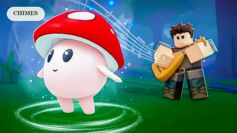 SCROOMS promotional artwork of a mushroom in a glowing ring as a player performs music, for the Chimes guide.