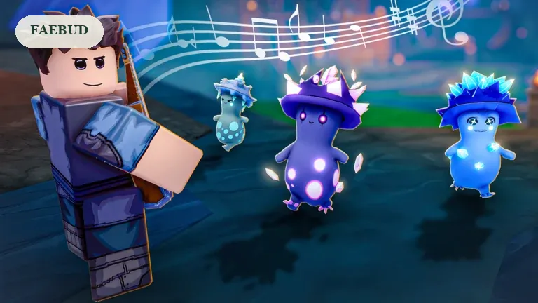 SCROOMS promotional artwork of several mushroom creatures beside a player and musical notes, for the Faebud guide.