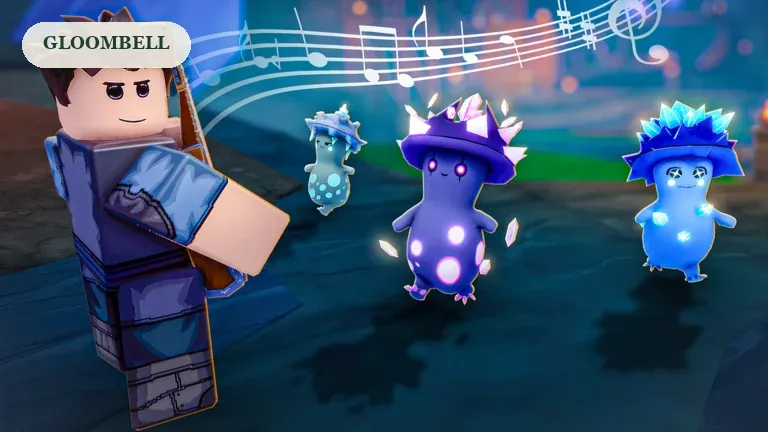 SCROOMS promotional artwork of several mushroom creatures beside a player and musical notes, for the Gloombell guide.