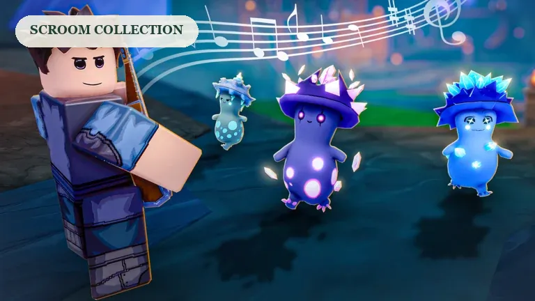 SCROOMS promotional artwork of three mushroom creatures beside a player and music.