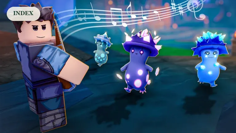 SCROOMS promotional artwork of several mushroom creatures beside a player and musical notes, for the Index guide.