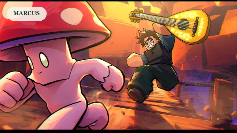 SCROOMS promotional artwork of a red-capped mushroom and a player chasing through a warm landscape, for the Marcus location guide.