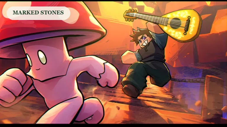 SCROOMS promotional artwork of a red-capped mushroom and a player chasing through a warm landscape, for the marked-stones route.
