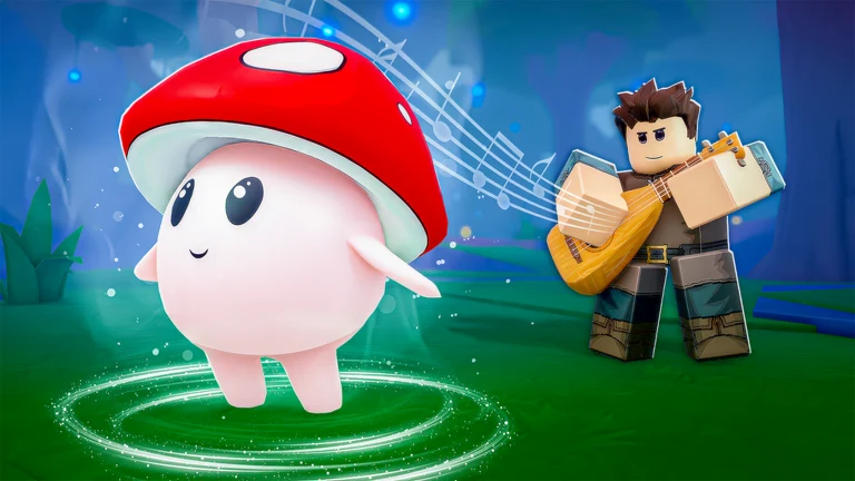 SCROOMS promotional artwork showing a red-capped mushroom in a glowing ring while a player performs on a stringed instrument.