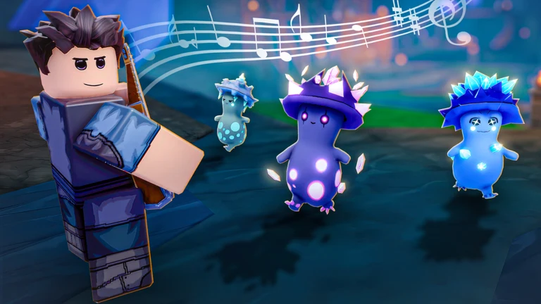 SCROOMS promotional artwork of a player facing three distinct blue and purple mushroom creatures beneath musical notes.