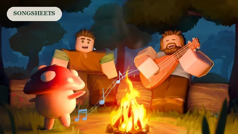 SCROOMS promotional artwork of players making music around a woodland campfire, for the songsheet guide.